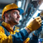 A photograph of a skilled lighting contractor working on a complex lighting installation