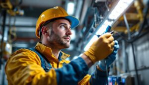 A photograph of a skilled lighting contractor working on a complex lighting installation