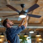 A photograph of a skilled lighting contractor installing a stylish big shop ceiling fan in a spacious commercial setting