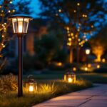 A photograph of a beautifully illuminated outdoor space featuring a stylish solar post light in use