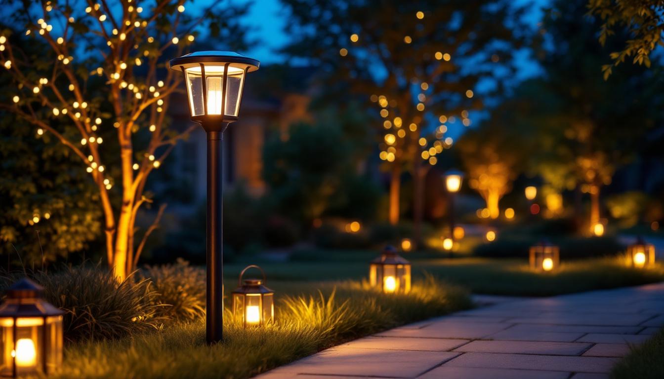 A photograph of a beautifully illuminated outdoor space featuring a stylish solar post light in use