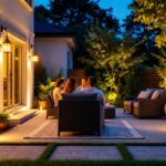 A photograph of a beautifully lit patio featuring solar lights in various styles
