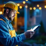 A photograph of a lighting contractor installing solar mount lights in a residential outdoor setting