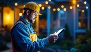 A photograph of a lighting contractor installing solar mount lights in a residential outdoor setting