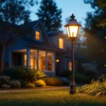 A photograph of a well-lit yard featuring a stylish pole light in use during dusk