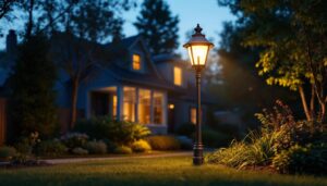 A photograph of a well-lit yard featuring a stylish pole light in use during dusk