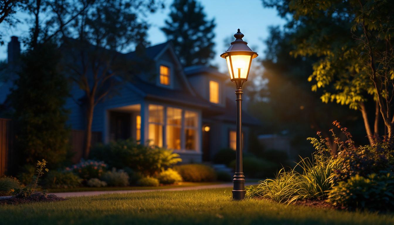 A photograph of a well-lit yard featuring a stylish pole light in use during dusk