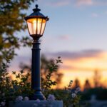 A photograph of a beautifully designed exterior lamp post fixture illuminated at dusk