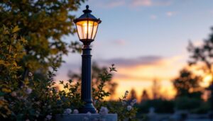 A photograph of a beautifully designed exterior lamp post fixture illuminated at dusk