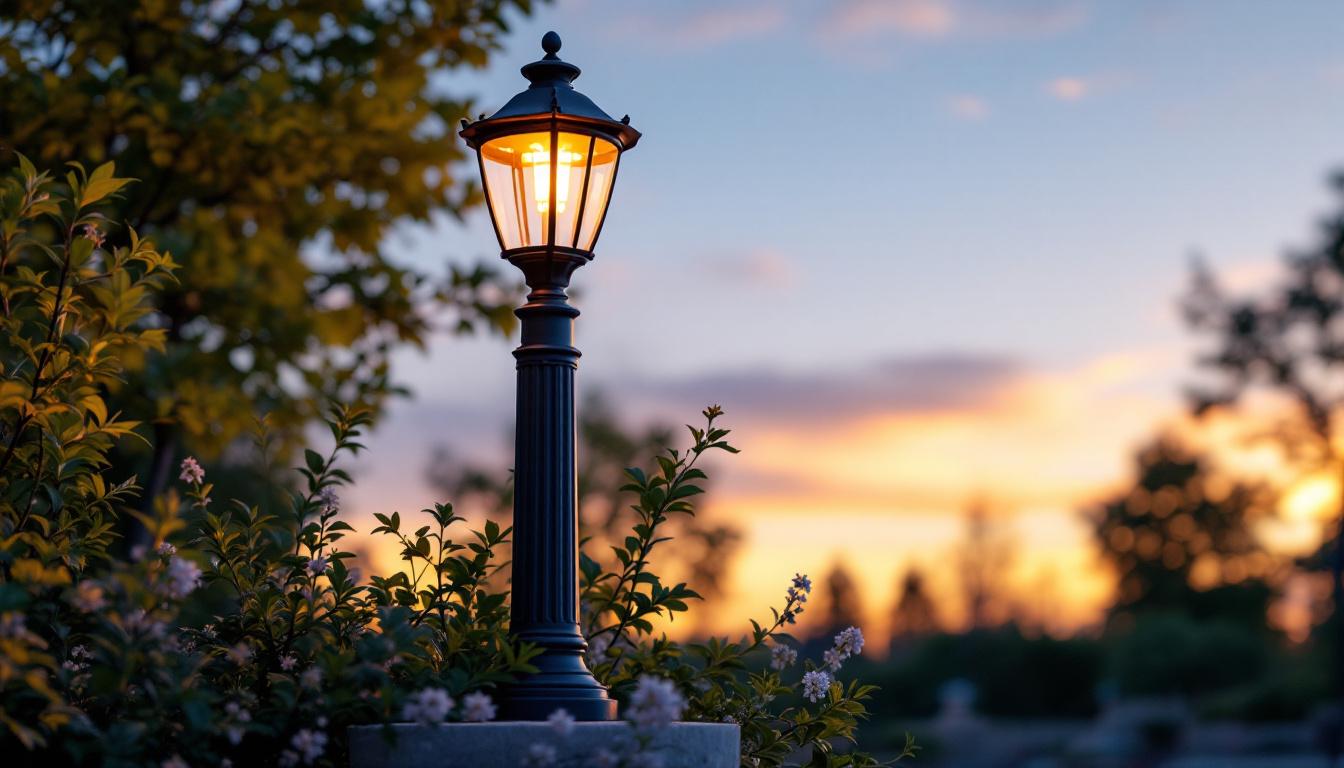 A photograph of a beautifully designed exterior lamp post fixture illuminated at dusk