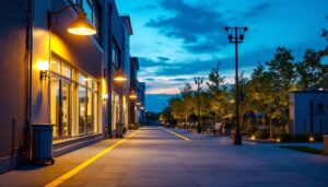 A photograph of a well-lit commercial outdoor space at dusk