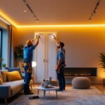 A photograph of a lighting contractor skillfully installing wraparound lights in a modern residential space