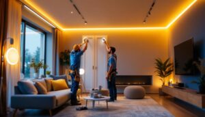 A photograph of a lighting contractor skillfully installing wraparound lights in a modern residential space