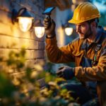 A photograph of a lighting contractor installing or inspecting discount solar lights in a residential outdoor setting