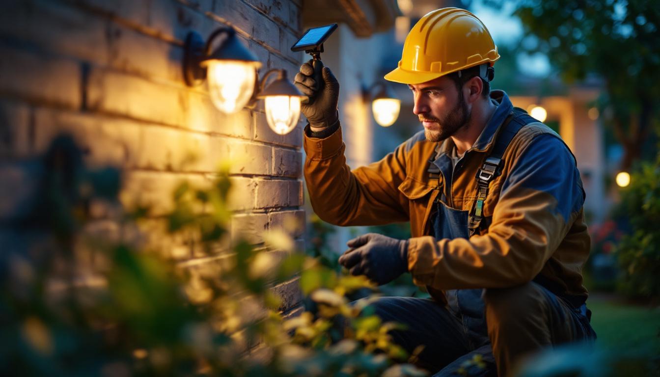 A photograph of a lighting contractor installing or inspecting discount solar lights in a residential outdoor setting