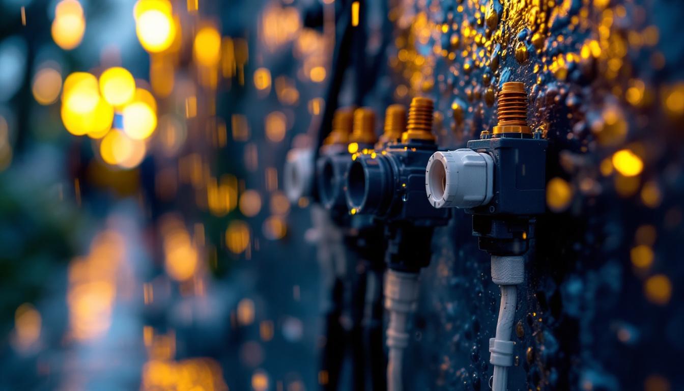 A photograph of a close-up of weatherproof electrical connectors being installed in an outdoor lighting setup