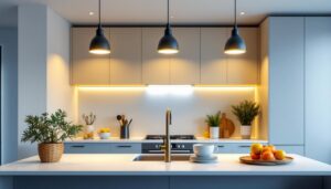 A photograph of a modern kitchen featuring stylish recessed led lighting