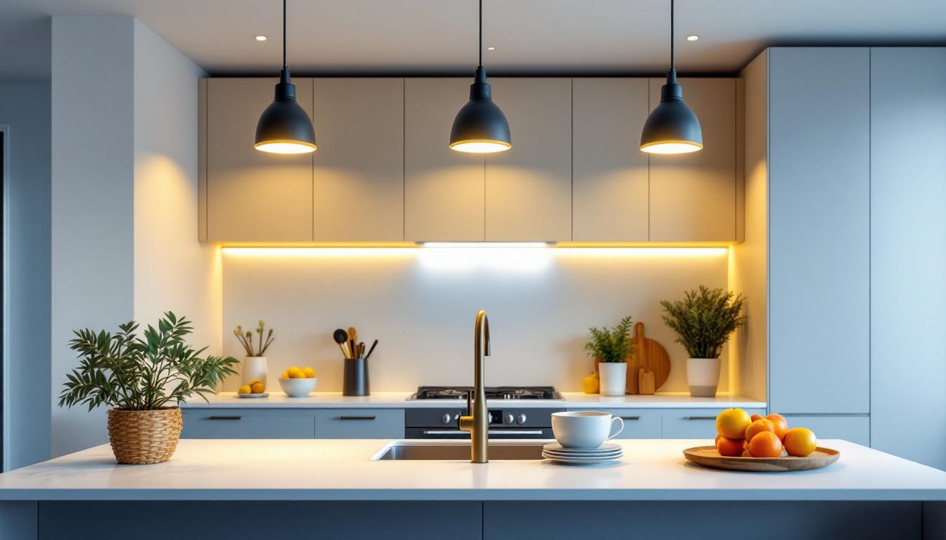 A photograph of a modern kitchen featuring stylish recessed led lighting
