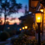 A photograph of a beautifully lit outdoor porch featuring solar-powered lights in action during dusk