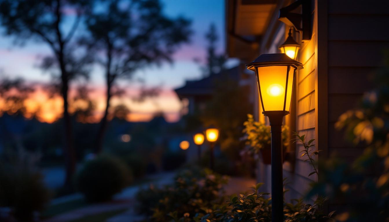 A photograph of a beautifully lit outdoor porch featuring solar-powered lights in action during dusk