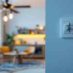 A photograph of a lighting contractor installing a 4-speed fan switch in a modern home setting