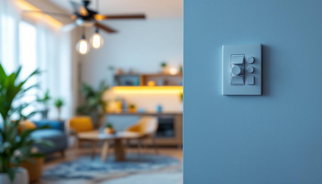 A photograph of a lighting contractor installing a 4-speed fan switch in a modern home setting