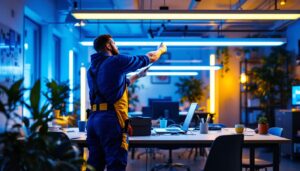A photograph of a lighting contractor installing vibrant commercial led light strips in a dynamic workspace