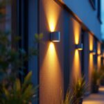 A photograph of a well-lit outdoor space featuring stylishly installed led wall mount lights