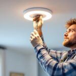 A photograph of a skilled lighting contractor installing or adjusting a can light trim kit in a well-lit