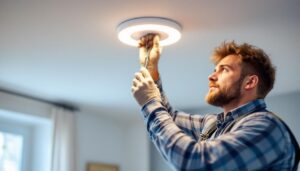 A photograph of a skilled lighting contractor installing or adjusting a can light trim kit in a well-lit