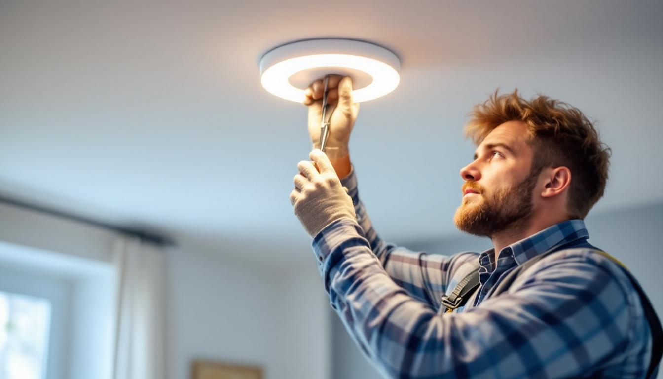 A photograph of a skilled lighting contractor installing or adjusting a can light trim kit in a well-lit