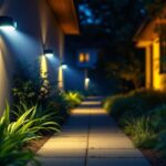 A photograph of a well-lit outdoor setting featuring motion sensor security lights in action