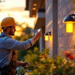 A photograph of a skilled lighting contractor installing led outdoor fixtures in a beautifully landscaped garden during the golden hour