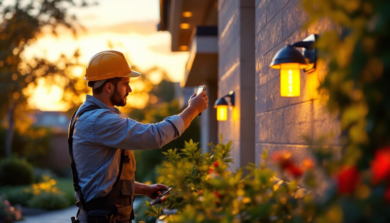 A photograph of a skilled lighting contractor installing led outdoor fixtures in a beautifully landscaped garden during the golden hour
