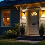 A photograph of a beautifully illuminated front door area at dusk