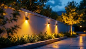 A photograph of a beautifully illuminated outdoor space featuring stylish solar wall lights