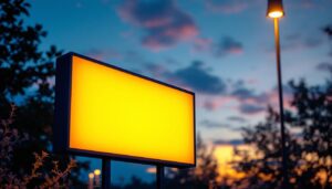 A photograph of a well-lit outdoor sign at dusk