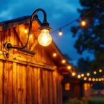 A photograph of a beautifully lit outdoor space featuring gooseneck barn lights illuminating a rustic barn or farmhouse
