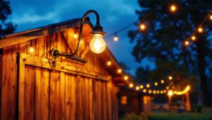 A photograph of a beautifully lit outdoor space featuring gooseneck barn lights illuminating a rustic barn or farmhouse