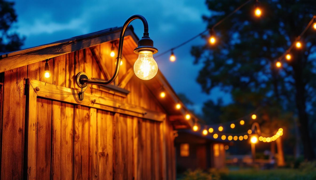 A photograph of a beautifully lit outdoor space featuring gooseneck barn lights illuminating a rustic barn or farmhouse