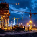 A photograph of a brightly lit construction site at dusk