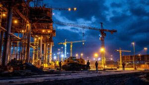 A photograph of a brightly lit construction site at dusk
