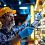 A photograph of a lighting contractor installing vibrant led lights in a modern retail shop