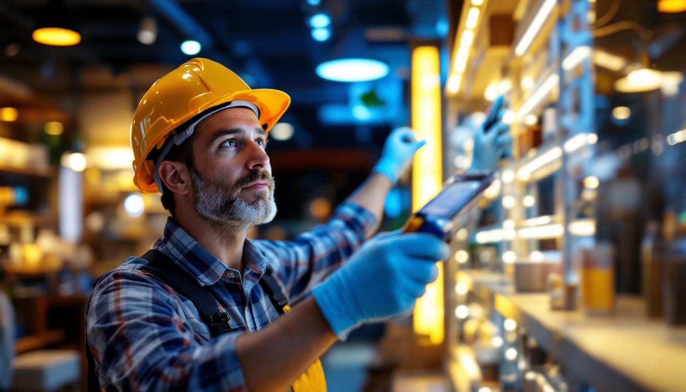 A photograph of a lighting contractor installing vibrant led lights in a modern retail shop