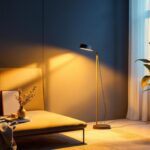 A photograph of a modern flat lamp in a stylish interior setting