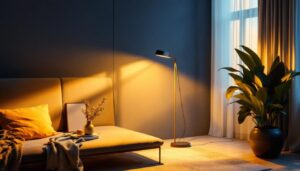 A photograph of a modern flat lamp in a stylish interior setting