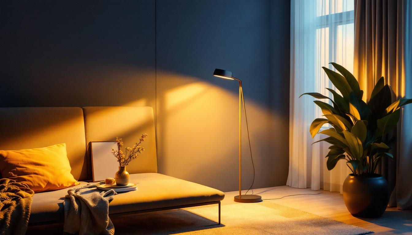 A photograph of a modern flat lamp in a stylish interior setting