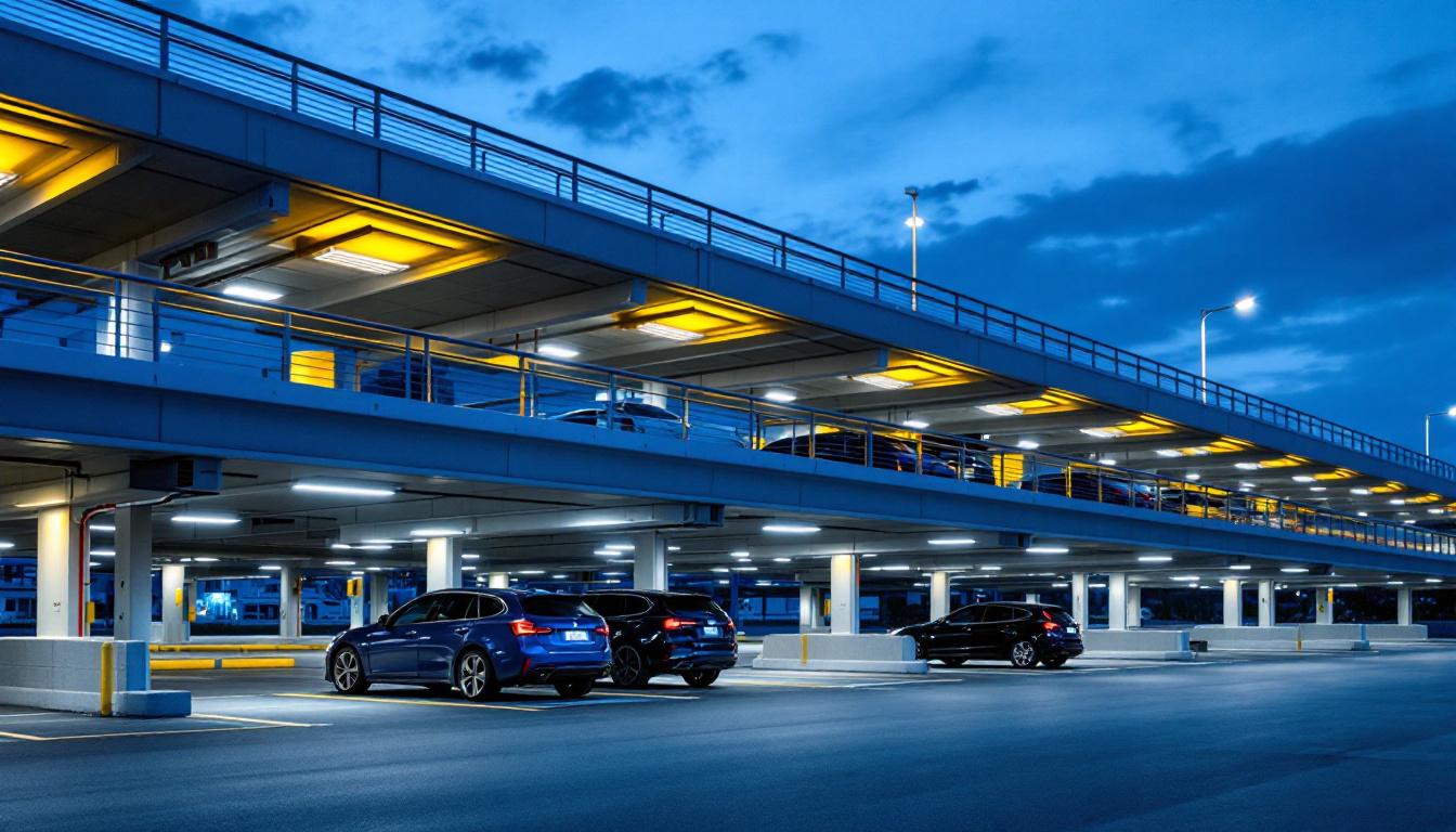 A photograph of a well-lit parking structure at dusk