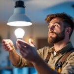A photograph of a lighting contractor installing led bulbs in a modern canned light fixture