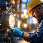A photograph of a skilled lighting contractor adjusting or inspecting a sodium vapor ballast in a well-lit industrial or outdoor setting